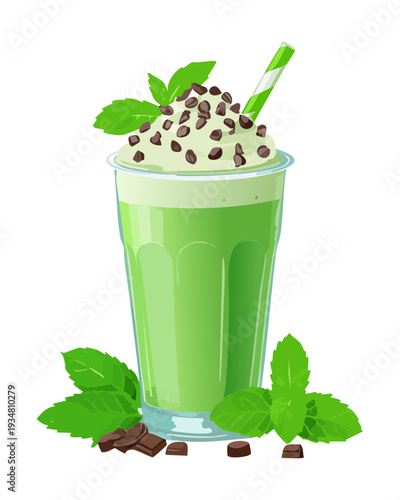 Refreshing mint smoothie with whipped cream and fresh mint leaves in glass - Vector Illustration