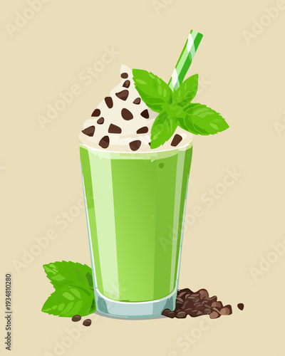 Mint chocolate milkshake topped with whipped cream and fresh mint leaves in glass - Vector Illustration