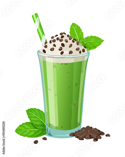 Iced mint chocolate latte with whipped cream and green mint garnish in glass - Vector Illustration
