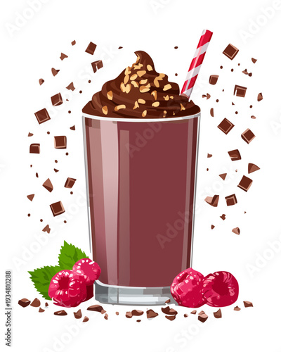 Raspberry chocolate smoothie with whipped cream and fresh berry garnish in glass - Vector Illustration