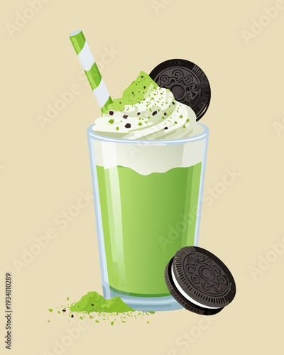 Mint green tea latte with whipped cream and chocolate cookie sandwich in glass - Vector Illustration