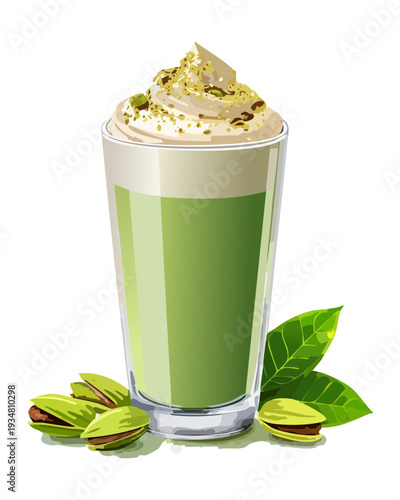 Pistachio green tea latte with whipped cream and crushed nuts in glass - Vector Illustration