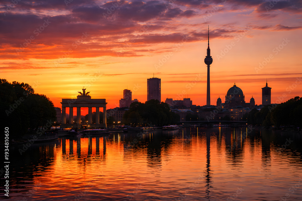 Fototapeta premium Berlin Skyline and Brandenburg Gate at Sunset