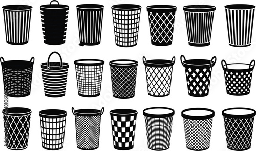 Large Collection of Laundry Basket and Trash Bin Icons with Various Textures and Patterns for Housework Organization, Cleaning Services, and Home Interior Design