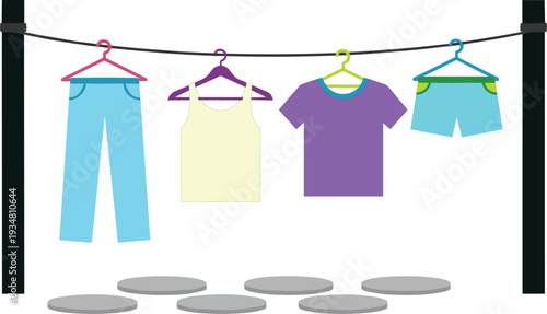 Colorful Summer Clothing Hanging on Outdoor Washing Line with Hangers for Laundry Service, Housework Concepts, Domestic Chore Illustrations, and Textile Fashion Product Displays