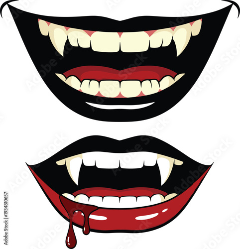Spooky Vampire Mouth Set with Sharp Fangs and Dripping Blood for Halloween Party Invitations, Gothic Horror Graphic Designs, and Creative Costume Makeup Illustrations