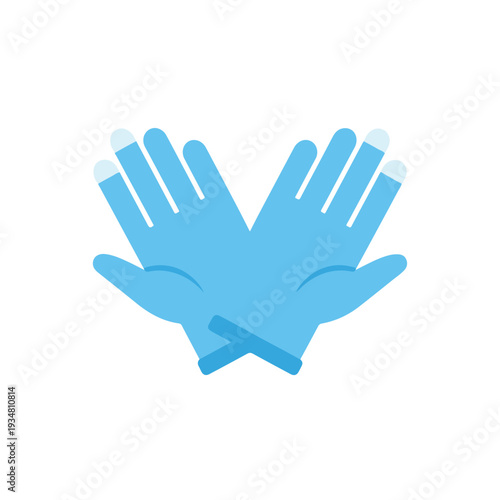 A clean, flat vector illustration features two light blue protective or medical gloves crossed over each other, symbolizing safety and hygiene.