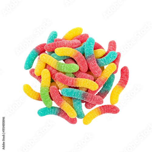 A vibrant pile of colorful gummy worms on a black background