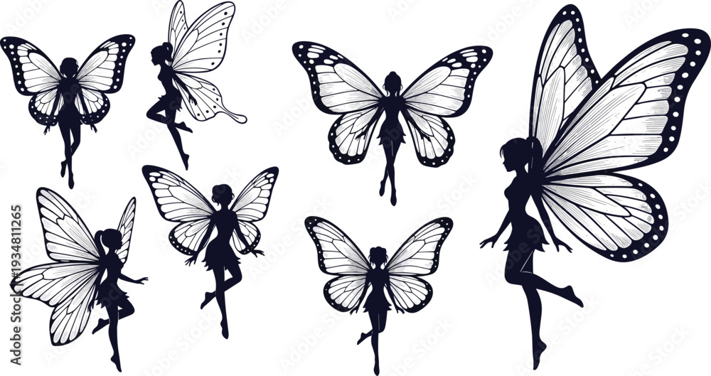 Obraz premium Set of Magical Fairy Silhouettes with Detailed Butterfly Wings for Fantasy Illustration, Enchanted Garden Themes, Children's Storybooks, and Mystical Graphic Designs