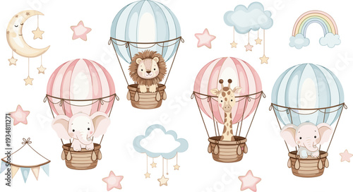 Cute Baby Animals in Hot Air Balloon Vector Illustration Set with Lion, Elephant, Giraffe, Stars, Moon and Rainbow Nursery Theme