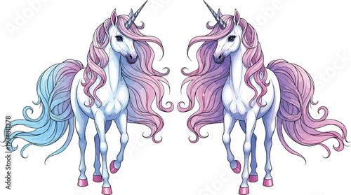 Beautiful Pair of Magical Unicorns with Pink and Blue Flowing Manes and Tails for Fantasy Themes, Children’s Fairytales, and Dreamy Graphic Designs