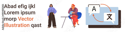 Language learning, global communication, education tools, digital technology, cross-cultural exchange, machine translation. Two people beside text and translation graphics. Language learning