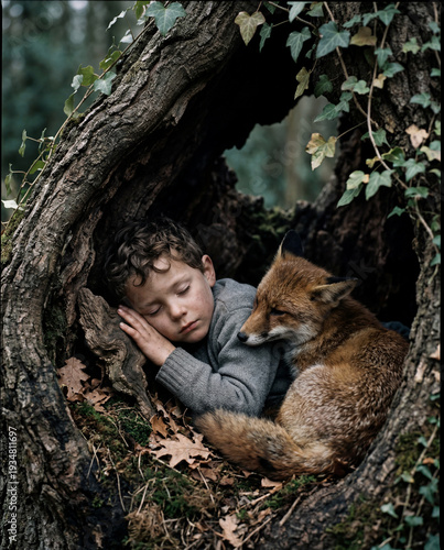 Sleeping Boy Curled Up with Red Fox Inside Hollow Tree