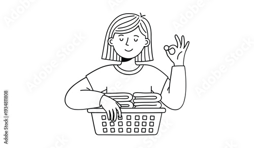 Black and white cartoon of a smiling woman holding a laundry basket full of folded clothes