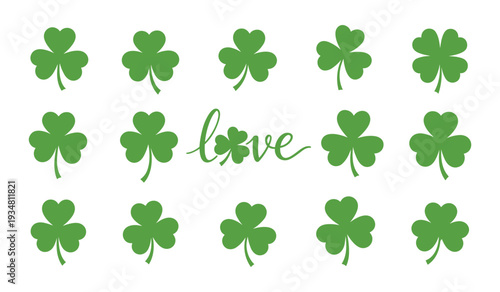 Array of green shamrocks surrounding text that spells love in cursive font