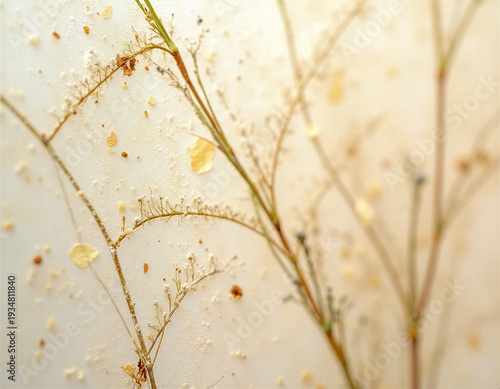 Macro pressed hemp fiber paper with embedded botanical stems, visible cellulose fibers and plant fragments. Cream and beige tones, soft natural window lighting, handmade sustainable texture
