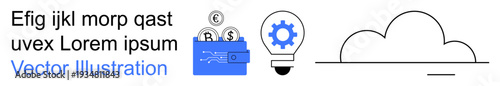 Business finance, tech innovation, cloud computing, digital storage, idea generation, investment imagery. Wallet with coins, lightbulb and gear and a cloud. Finance and tech innovation concepts