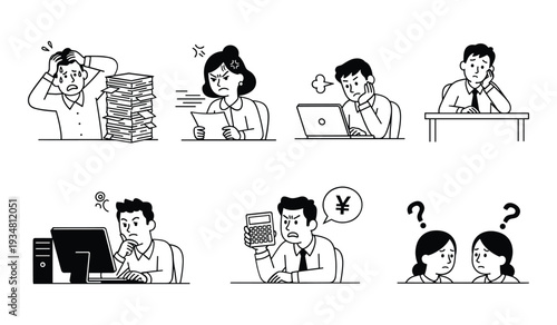 Black and white of office workers exhibiting various emotions and actions