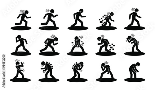 Black stick figure showing various running and exercise actions exercising