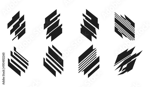Collection of abstract black and white geometric shapes with varied lines and patterns