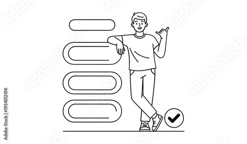 Smiling man pointing upwards while standing next to a large checklist with a check mark on the ground