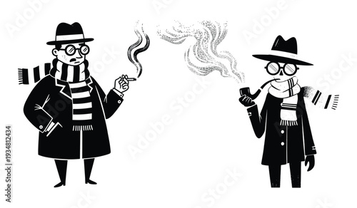 Two cartoon detectives in hats smoking pipes with smoke