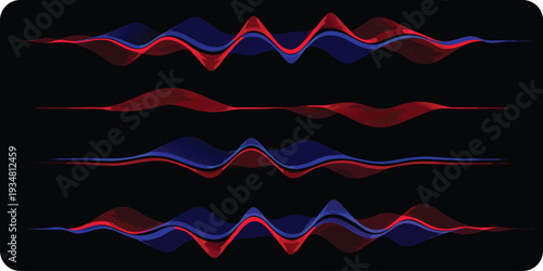 Four Horizontal Lines of Red and Blue Abstract Sound Wave Forms on Black