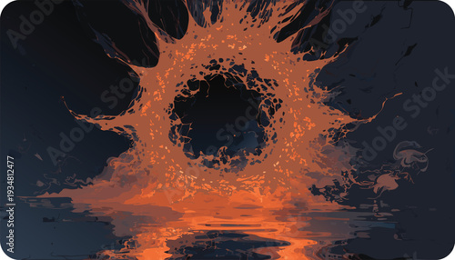 Explosive Orange and Black Abstract Portal with Water Reflection