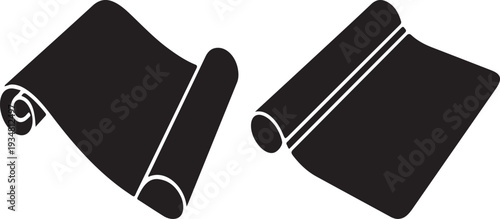 Two black rolled paper or fabric icons in silhouette, isolated on a white background, representing documents or materials