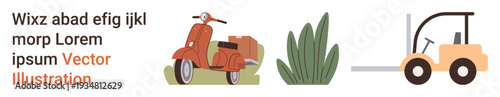 Transportation, logistics, delivery, eco-friendly, retro design, warehouse management. Vintage scooter, green plant and an industrial forklift on a white background. Transportation and logistics