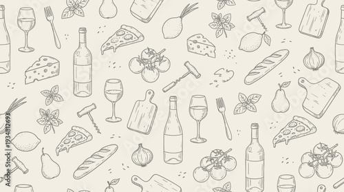 Italian Food and Wine Doodle Seamless Pattern Background
