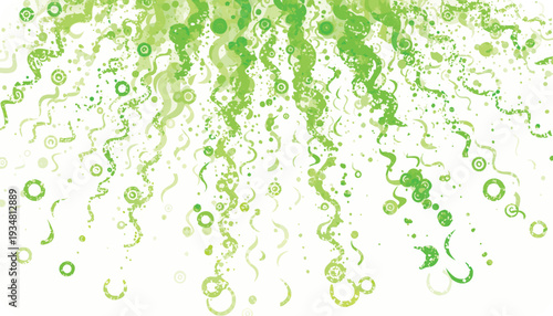 Green Confetti Falling Downward With Swirling Ribbons And Circles On White Background