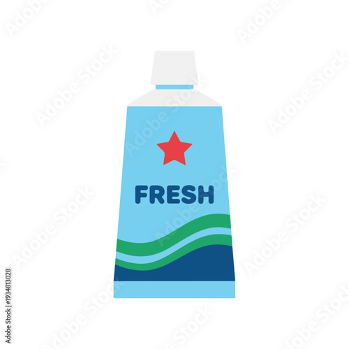 A flat vector illustration of a light blue tube, possibly toothpaste, featuring a white cap, a red star, 'FRESH' text, and green and dark blue wavy stripes.