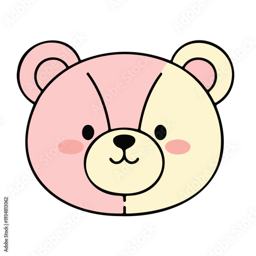 Cute cartoon bear head illustration in a charming two-tone design, featuring a sweet smile and rosy cheeks. Playful pink and yellow flat vector style, ideal for children's projects