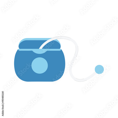 A minimalist blue vector illustration depicts a dental floss container with floss extended, symbolizing oral hygiene.