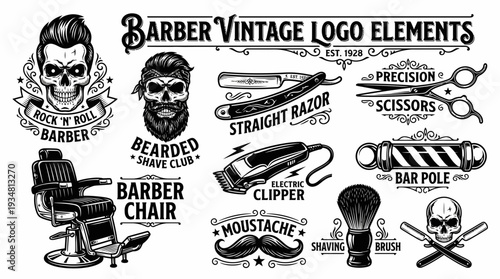 Vintage Barber Shop Logo Elements and Grooming Icons Collection