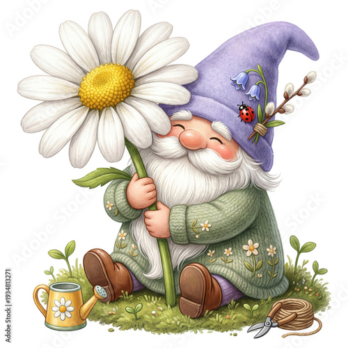 Charming whimsical garden gnome with white beard and purple hat sits on grass hugging a large daisy, surrounded by a watering can, ladybug, pussy willow, twine and garden shears