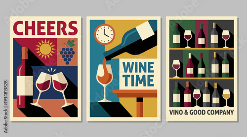 Wine Time Cheers Vino Posters Flat Design Vintage Style Set