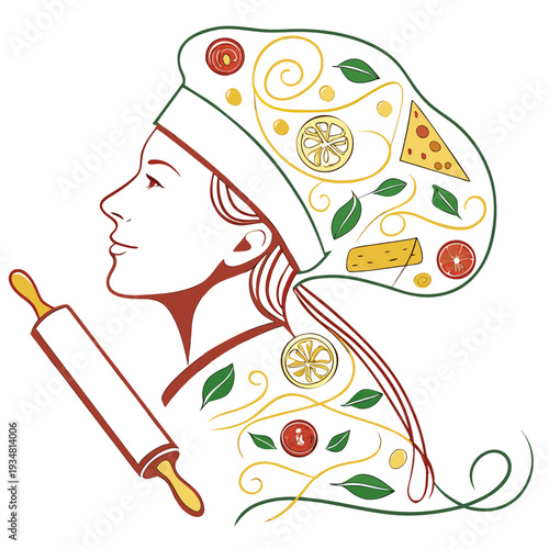 Woman chef silhouette with rolling pin filled with cheese, lemons, tomatoes, and basil for culinary passion