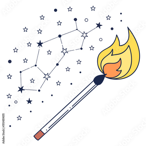Lit matchstick with flame igniting constellation of stars symbolizing inspiration and creative ideas