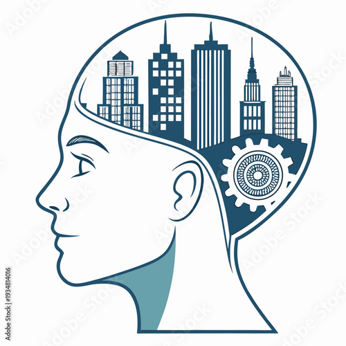Human head profile revealing city skyline and mechanical gears within mind for urban development