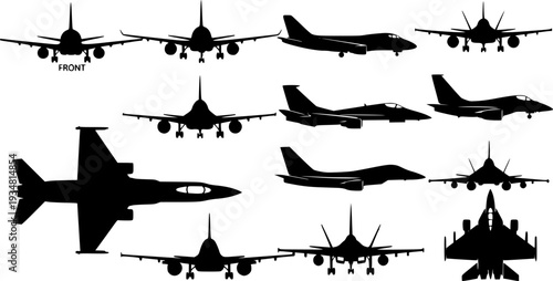 Black airplane and fighter plane silhouettes against a white backdrop. front view, side view, and top view. a vector illustration on white background