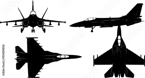 Black airplane and fighter plane silhouettes against a white backdrop. front view, side view, and top view. a vector illustration on white background