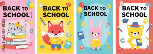 Back to School Cute Animal Posters Vector Illustration Set with Cat, Fox, Bunny and Bear Characters
