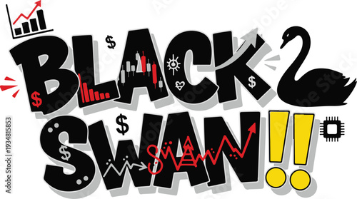 Black Swan Economy Typography with Stock Market Charts, Financial Crisis Indicators, and Global Trade Icons on White Background for Business Strategy and Market Prediction Graphic