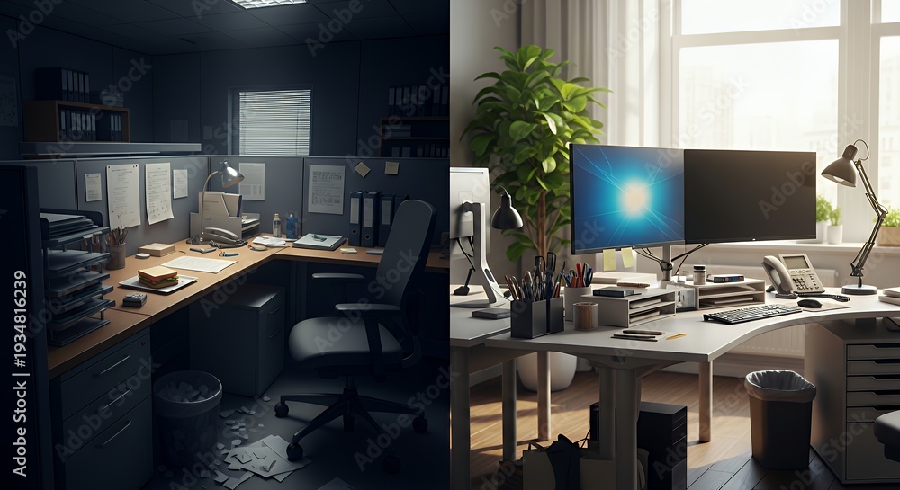 Fototapeta premium Workspace stress split: left dark messy cubicle; right bright ergonomic desk with plant and organized tools