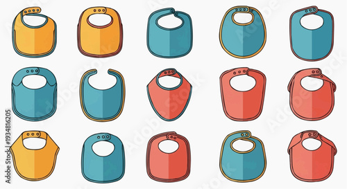 A set of colorful baby bibs in various designs. The image is an illustration of diverse bib styles and color variations