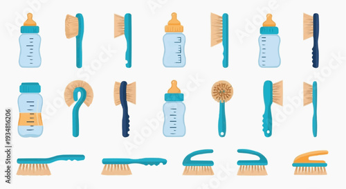 Baby bottle and brush sets, essential items for infant care, in an assortment of views and designs