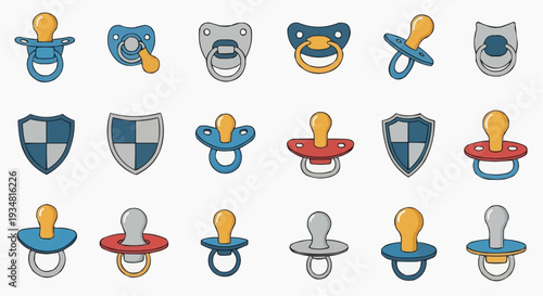 An array of pacifiers in blue, gray and red, in various styles with shields