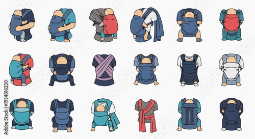 Diverse illustrations of baby carriers in various styles and colors, showcasing different carrying positions and designs. 